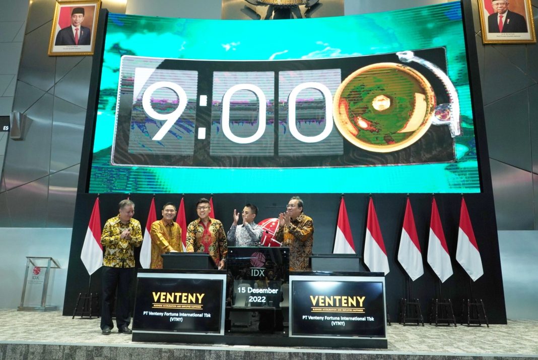 PT VENTENY Fortuna International Tbk menjadi perusahaan yang sahamnya tercatat dan diperdagangkan di Papan Pengembangan Bursa Efek Indonesia (BEI) dengan kode saham VTNY. VENTENY menjadi perusahaan ke-59 yang melantai di BEI sepanjang tahun 2022.